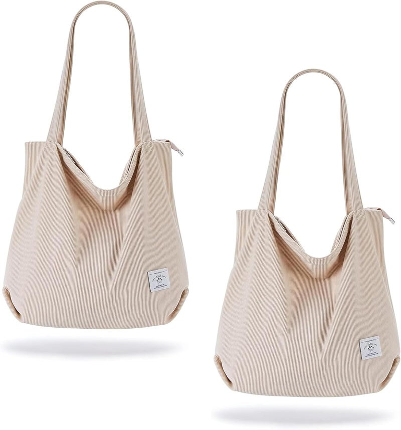 KALIDI Women Corduroy Tote Bag Zipper Casual Tote's Handbag Big Capacity Shoulder Bag with Pockets